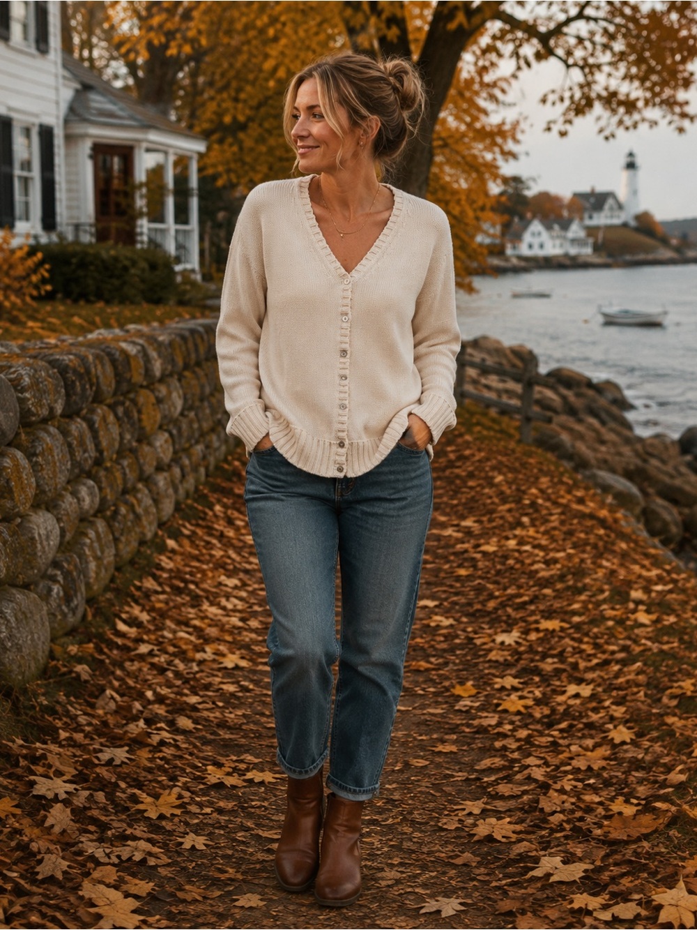 Lands’ End Cream 100% Cotton Button Front Cardigan Sweater Women’s M 10-12